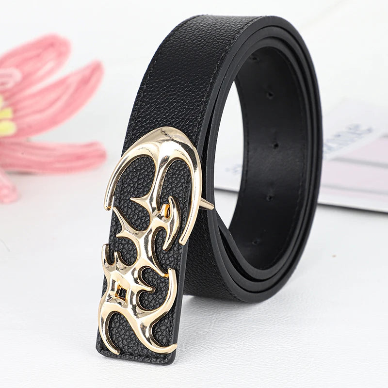 Y2K Hollow PU Leather Punk Belt – Reversible Unisex Style Punk Fashion Belt SWANS Plain Lychee-B 110cm