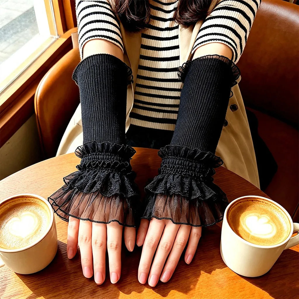 Lace Trim Fingerless Arm Warmers – Knit Ruffle Cuff Sleeves Fingerless Arm Warmers SWANS