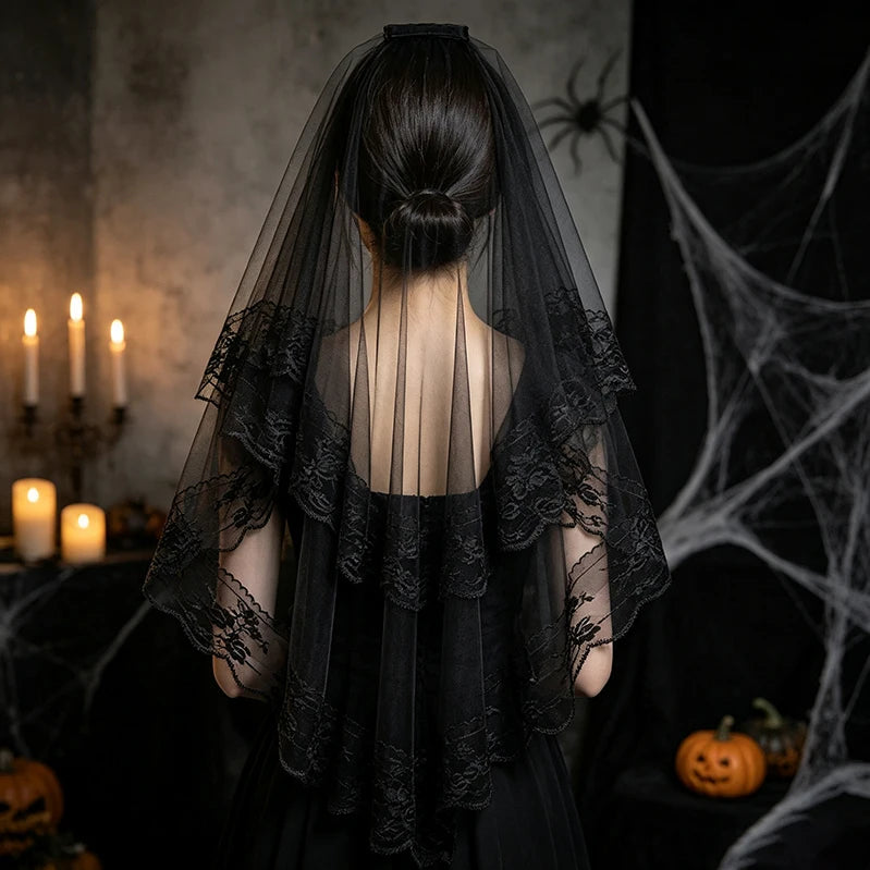Gothic Black Lace Two-Tier Bridal Veil with Comb | Halloween Gothic Bridal Veil SWANS