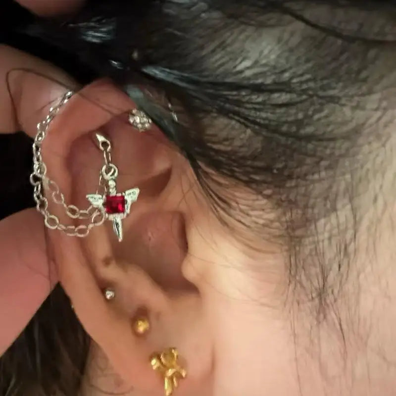 Y2K Gothic Silver Chain Stud Earring – Red Zircon Wing & Rivet Gothic Stud Earring SWANS