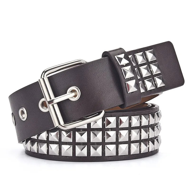Y2K Punk Rock Square Bead Rivet Belt – Unisex Metal Belt Punk Rivet Belt SWANS Coffee 110cm