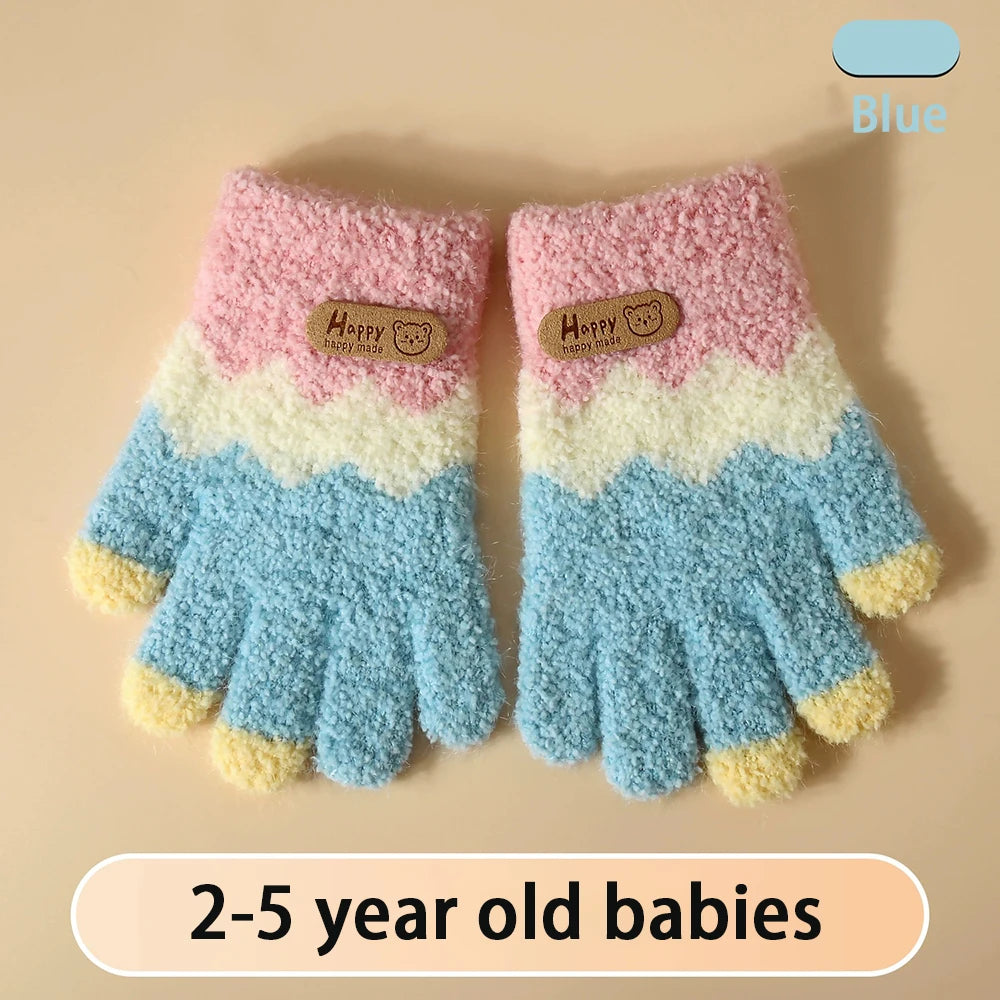 Kids Winter Knitted Gloves – Cute Teddy Bear Full Finger Warmth Kids Winter Gloves SWANS Blue
