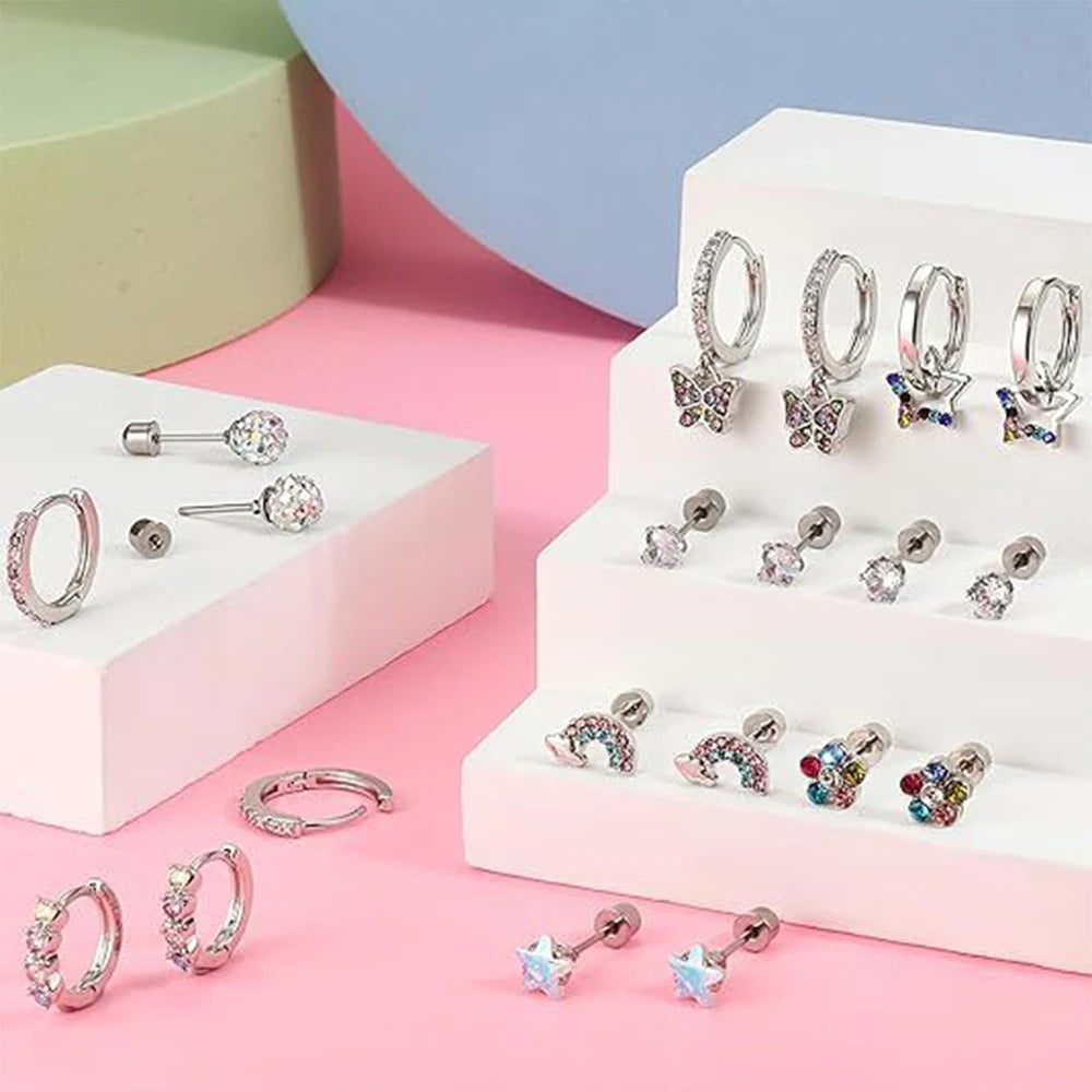 SWANS 10-Pair Hypoallergenic CZ Screw Back Earrings for Kids CZ Stud Earrings Set SWANS