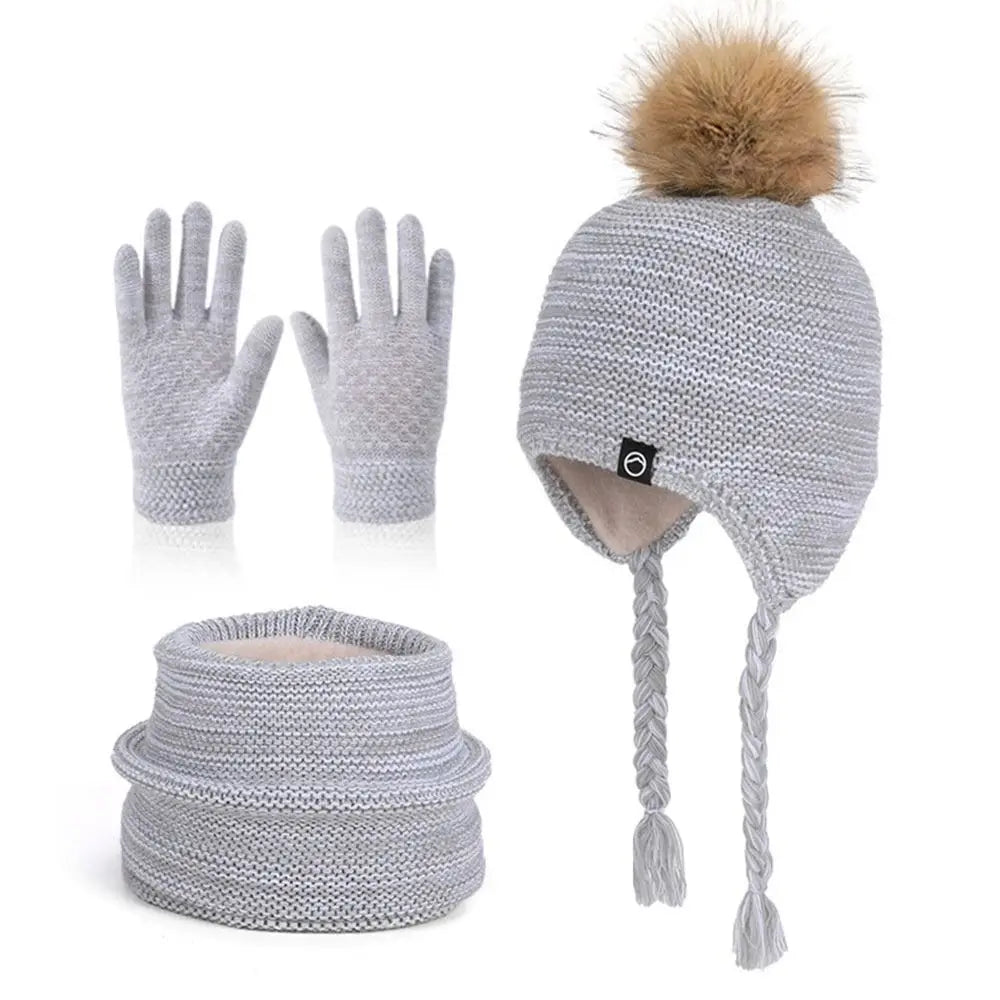 Kids Winter Hat Scarf & Gloves Set – Pompom Knit Beanie Kids Winter Set SWANS