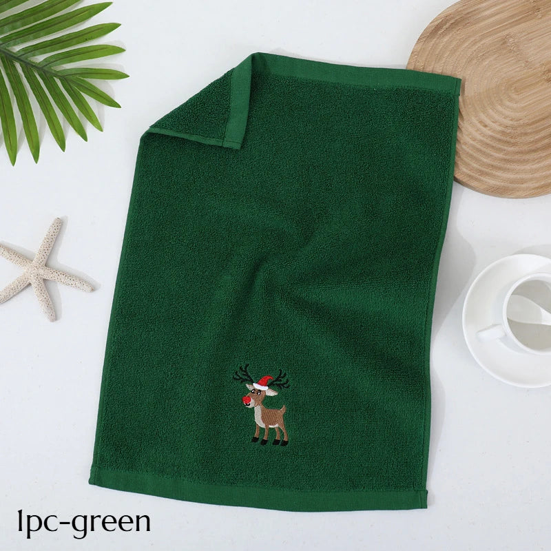 SWANS Vintage Christmas Holiday Towel – Santa & Reindeer Cotton Holiday Hand Towel SWANS 1pc-green