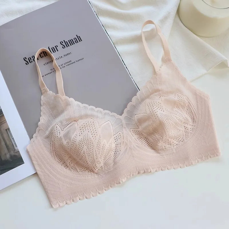 Natural Latex Wireless Lace Bra – Invisible 3/4 Cup Side Support Wireless Lace Bra SWANS Beige2-L One Size