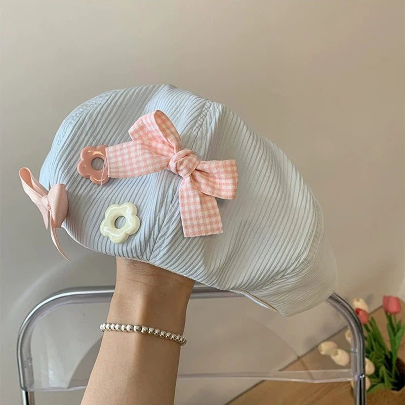 Women's Cotton Beret Hat – Bow Flower Button Octagonal Cap Women's Beret Hat SWANS