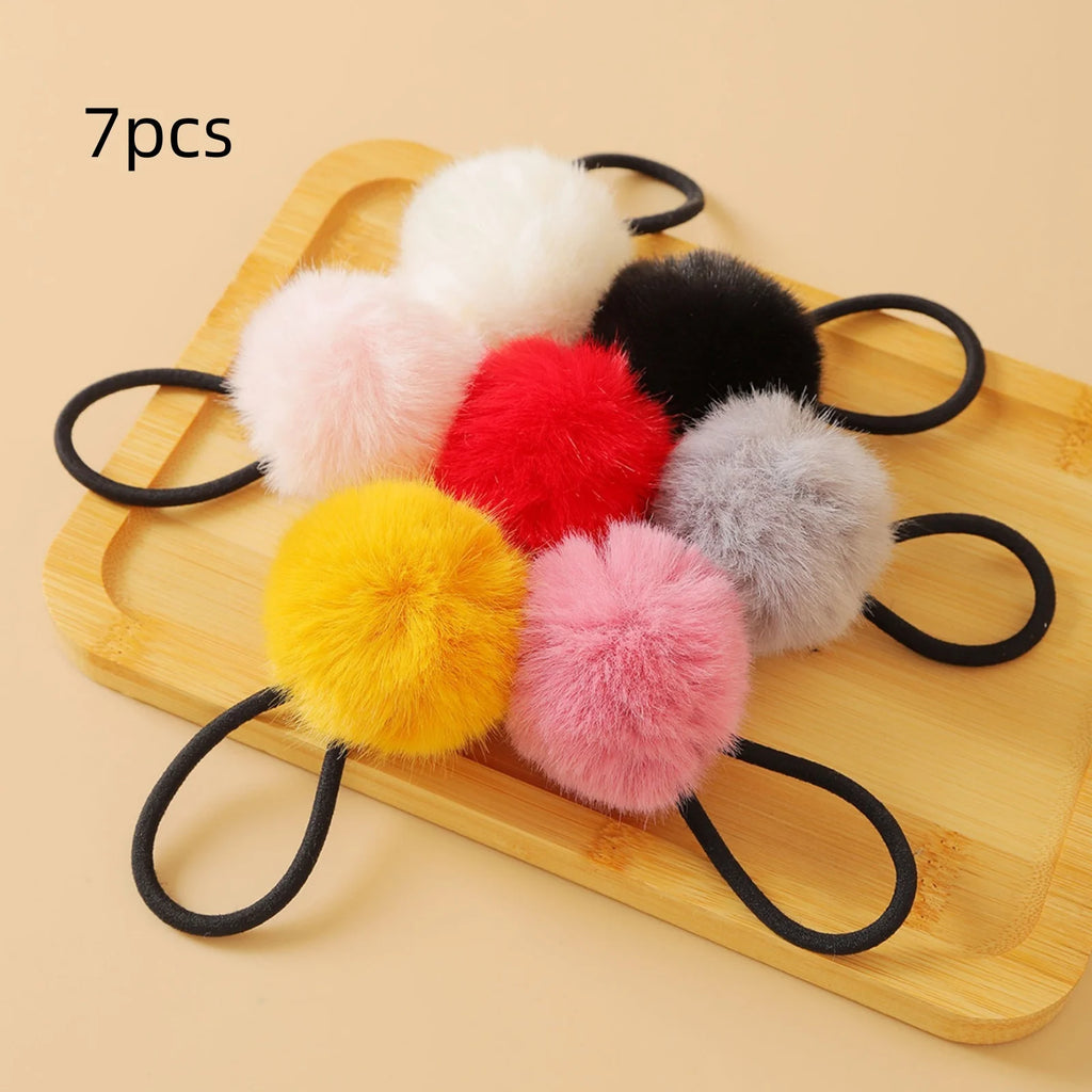 7-Pack Furry Pom Hair Ties – Soft Plush Girls Hair Elastics Girls Hair Ties SWANS 7pcs