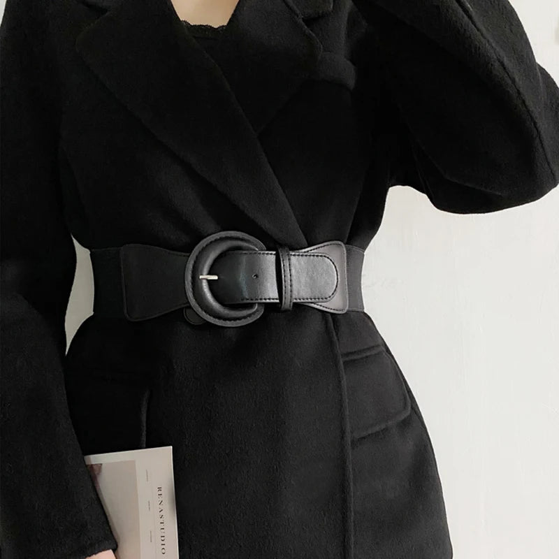 Women's Wide Elastic Waist Belt – Korean Fashion Cummerbund Wide Waist Belt SWANS black Adjustable