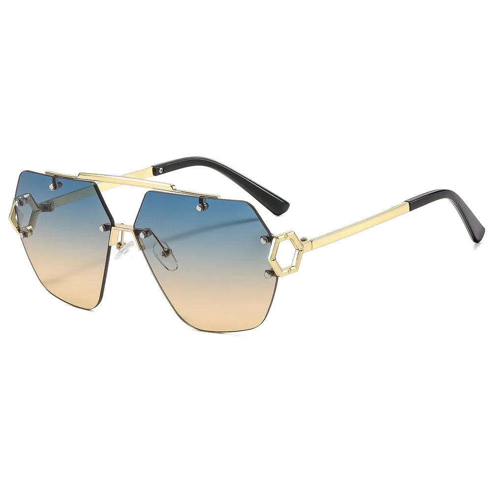 Y2K Rimless Pilot Sunglasses Double Bridge Rivet Metal Unisex Fashion Sunglasses SWANS Blue Tea