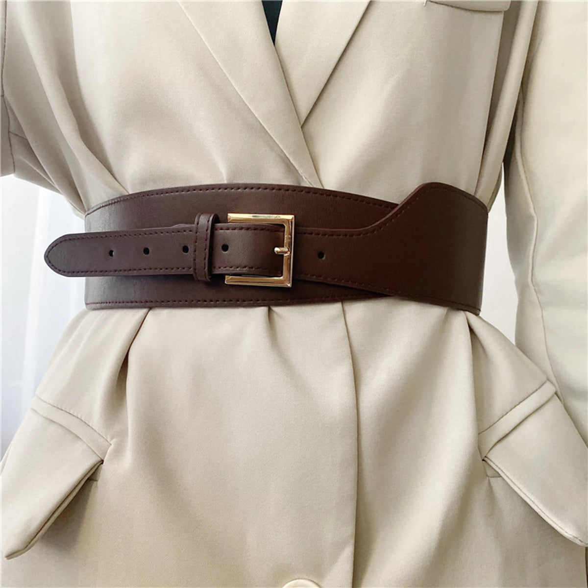 Women's Wide Elastic Corset Belt – PU Leather Waistband Wide Corset Belt SWANS black Width 5cm