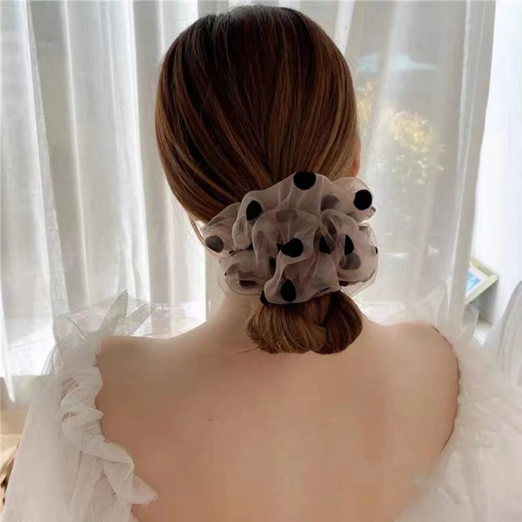 Polka Dot Organza Hair Scrunchie – Black & Beige Hair Tie Hair Scrunchie SWANS