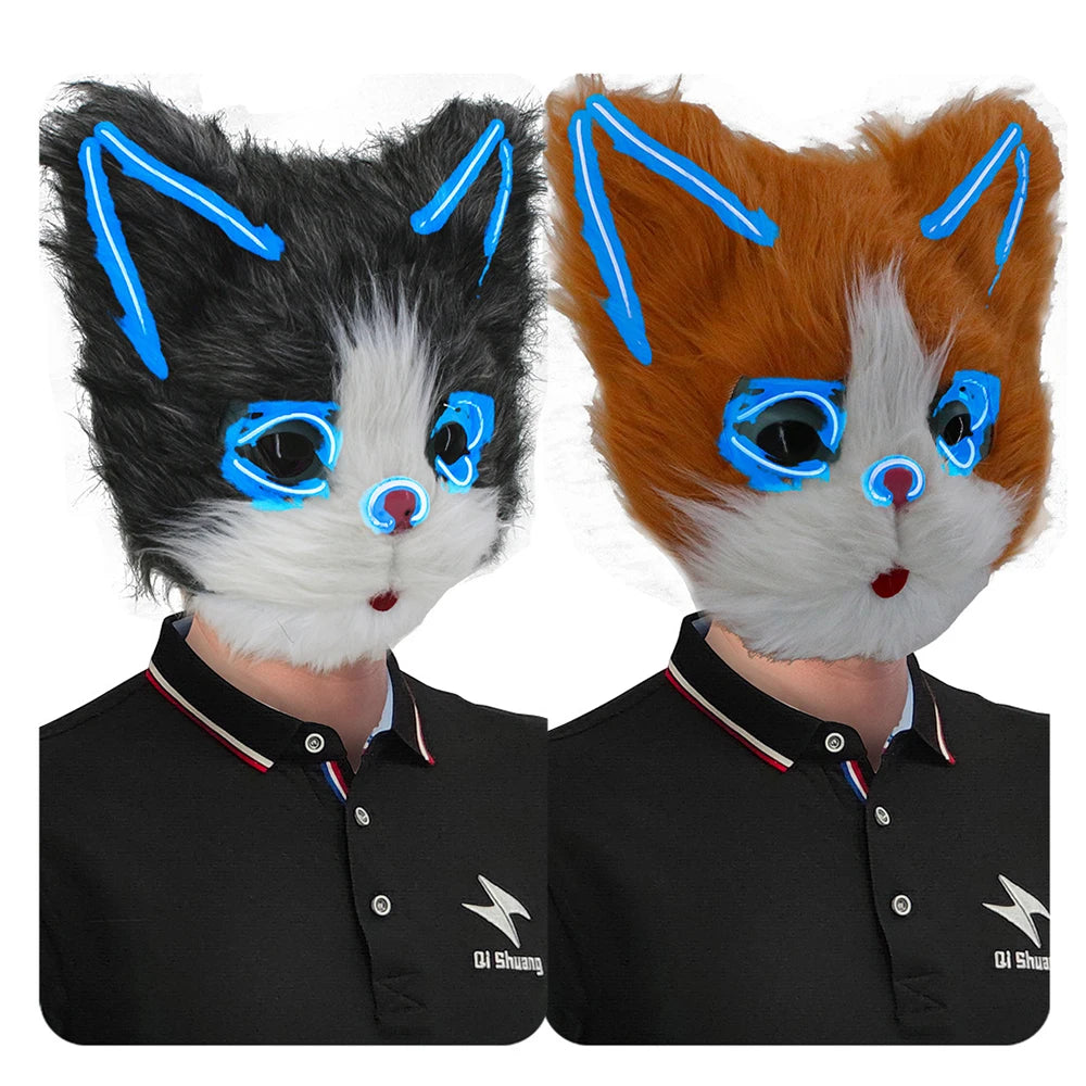 Glowing Blue LED Plush Cat Mask – Cosplay & Halloween LED Costume Mask SWANS