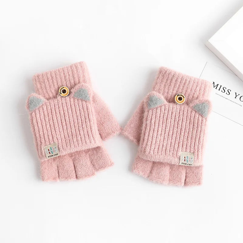 Women's Flip-Top Fingerless Knitted Gloves – Winter Hand Warmers Fingerless Mittens SWANS pink One Size