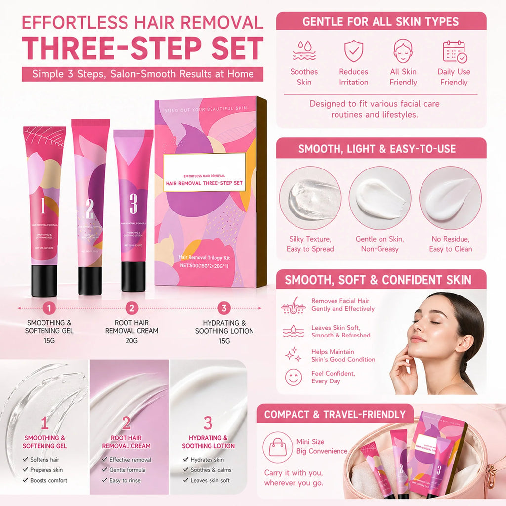 3-Step Facial Hair Removal Kit – Depilatory Cream & Lotion Set Hair Removal Cream Set SWANS