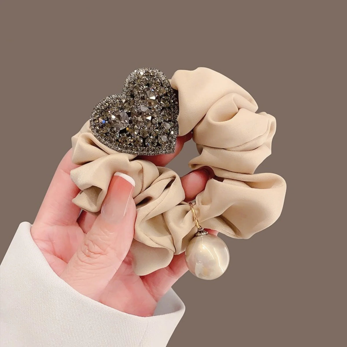 Sparkly Heart Scrunchie – Rhinestone & Pearl Hair Tie | SWANS Hair Scrunchie SWANS beige