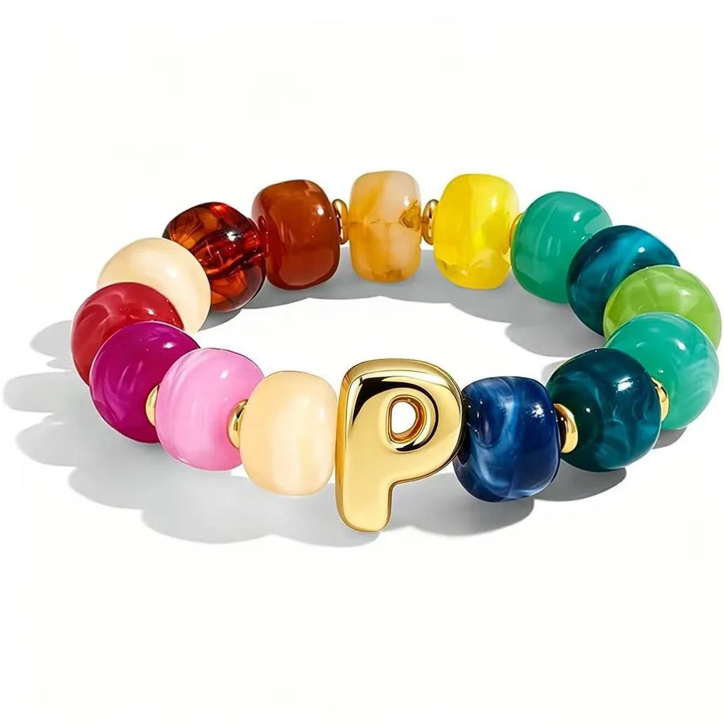 Resin Bead Initial Charm Bracelet – Multicolor Women's A-Z Charm Bracelet SWANS P