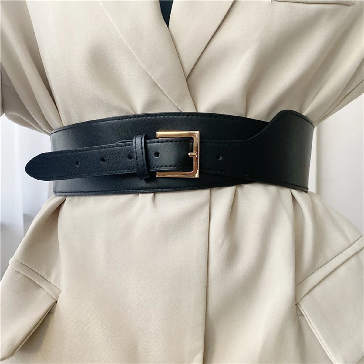 Women's Wide Elastic Corset Belt – PU Leather Waistband Wide Corset Belt SWANS coffee Width 5cm