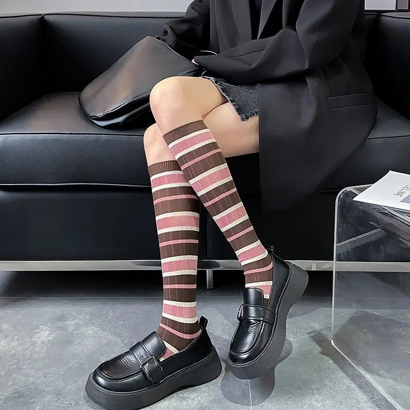 Women's Pink Stripe Knee-High Socks – Cotton Fashion Stockings Knee-High Socks SWANS