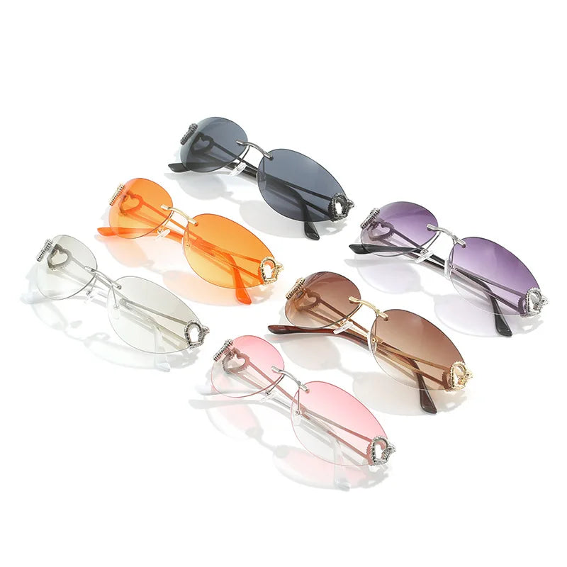 Y2K Rimless Double Heart Cat Eye Sunglasses UV400 Unisex Fashion Sunglasses SWANS