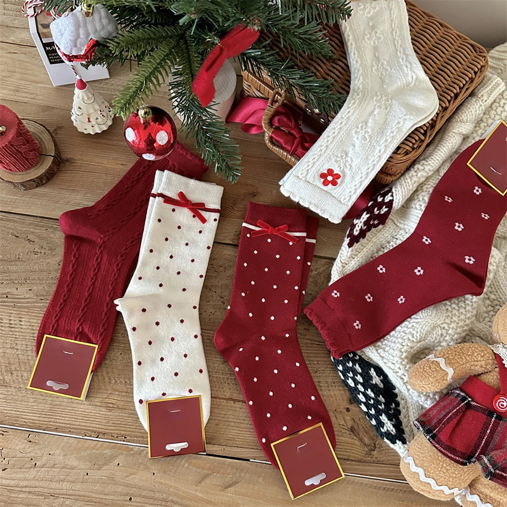 Women's Floral Bow Cotton Mid-Tube Socks – Polka Dot 2pc Women's Casual Socks SWANS
