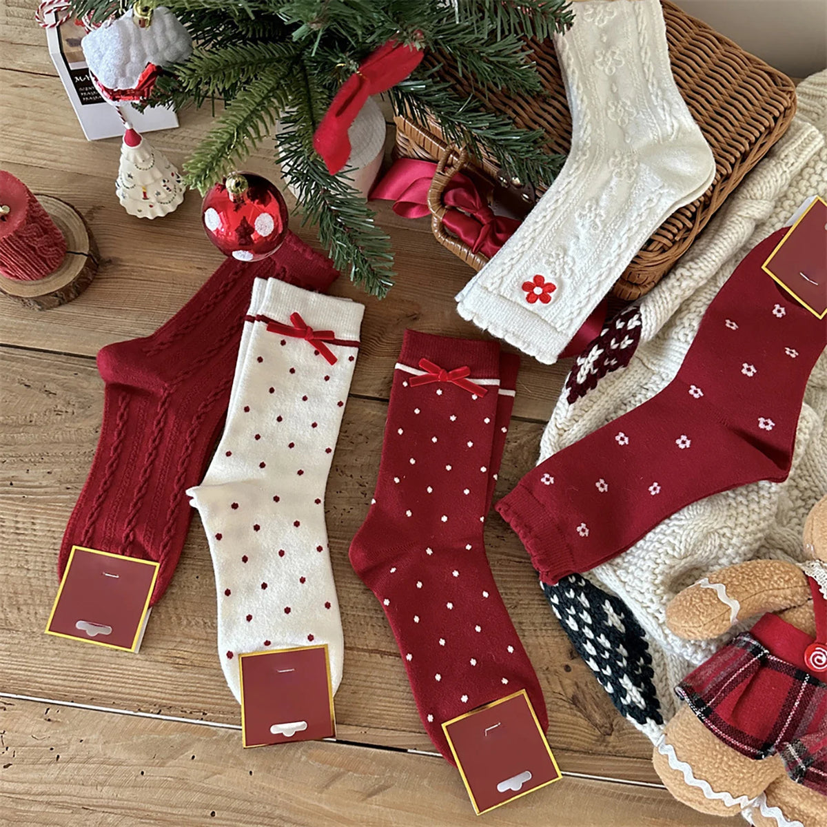 Women's Floral Bow Cotton Mid-Tube Socks – Polka Dot 2pc Women's Casual Socks SWANS