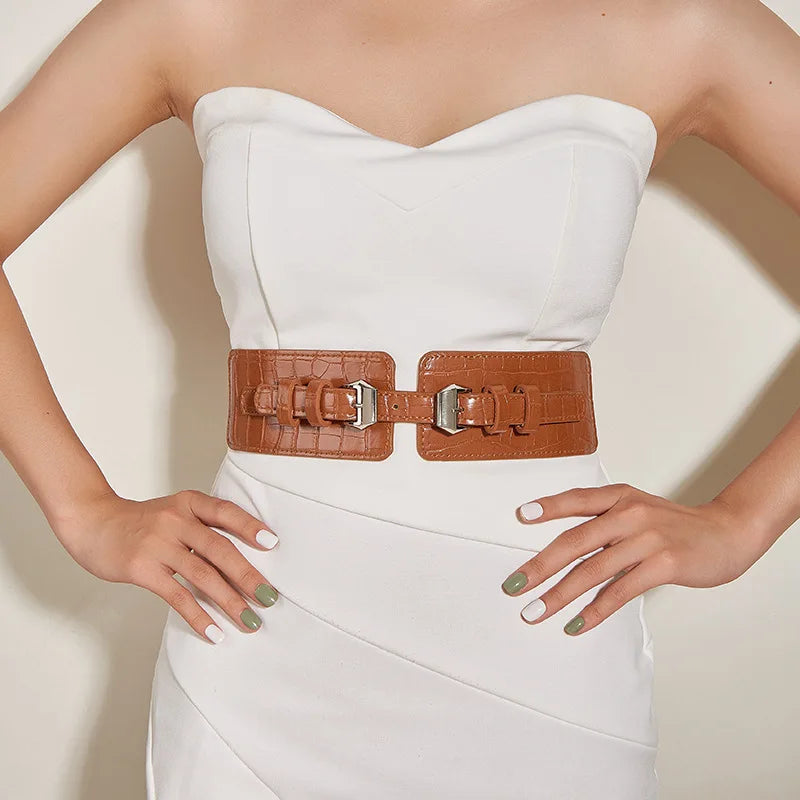 Women's Wide Elastic Belt – Black PU Leather Gold Buckle Wide Waist Belt SWANS brown Adjustable