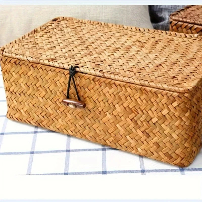 Woven Bamboo Covered Storage Basket – Boho Vintage Desk Organizer Woven Storage Basket SWANS