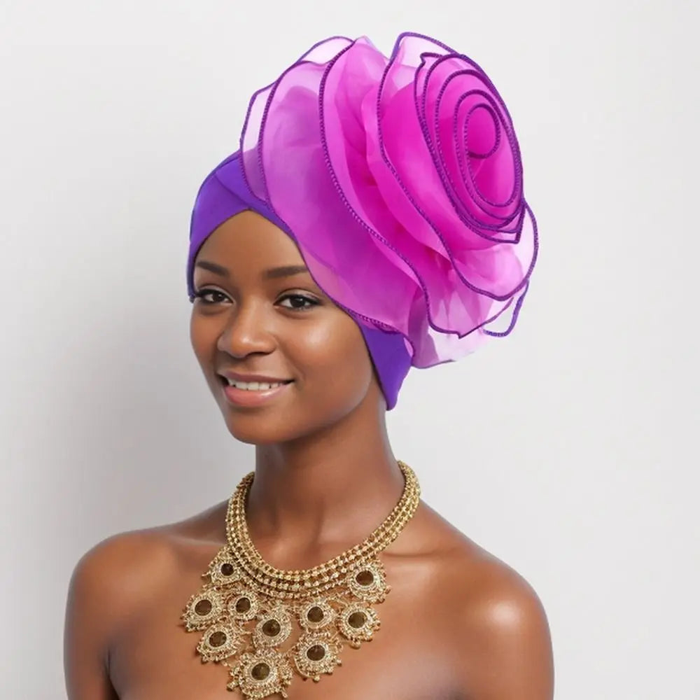 Large Flower Turban Cap – African Head Wrap Beanie Women Turban Beanie Cap SWANS purple