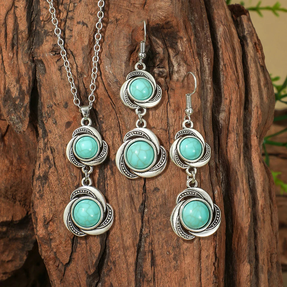 Vintage Turquoise Earrings & Necklace Set – Bohemian Jewelry Jewelry Set SWANS Style 4
