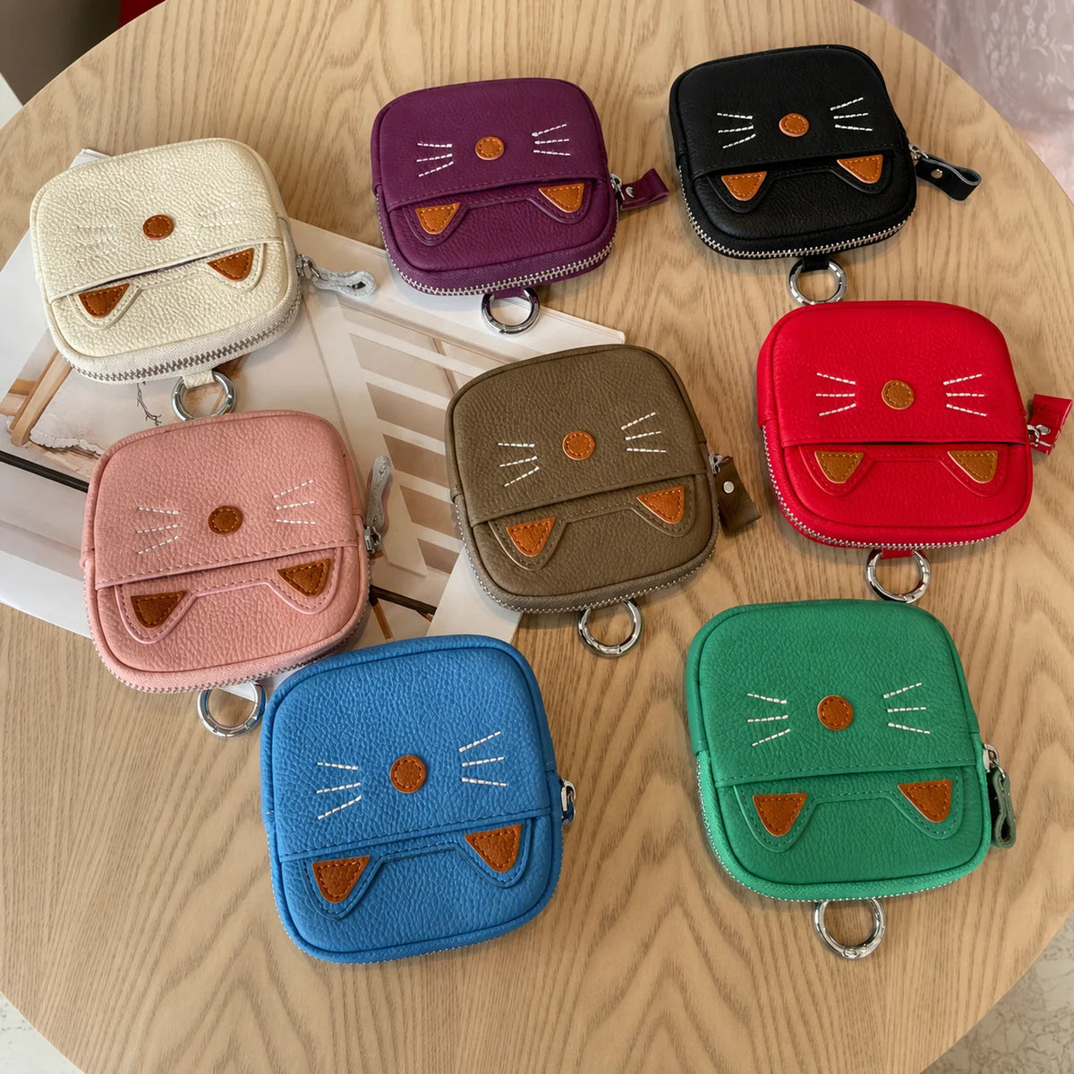 Cute Cat Leather Coin Purse – Zipper Pouch with Key Ring Mini Coin Purse SWANS