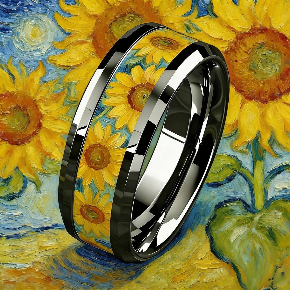 Oil Painting Black Stainless Steel Ring – Unisex Band Fashion Ring SWANS Silver 11