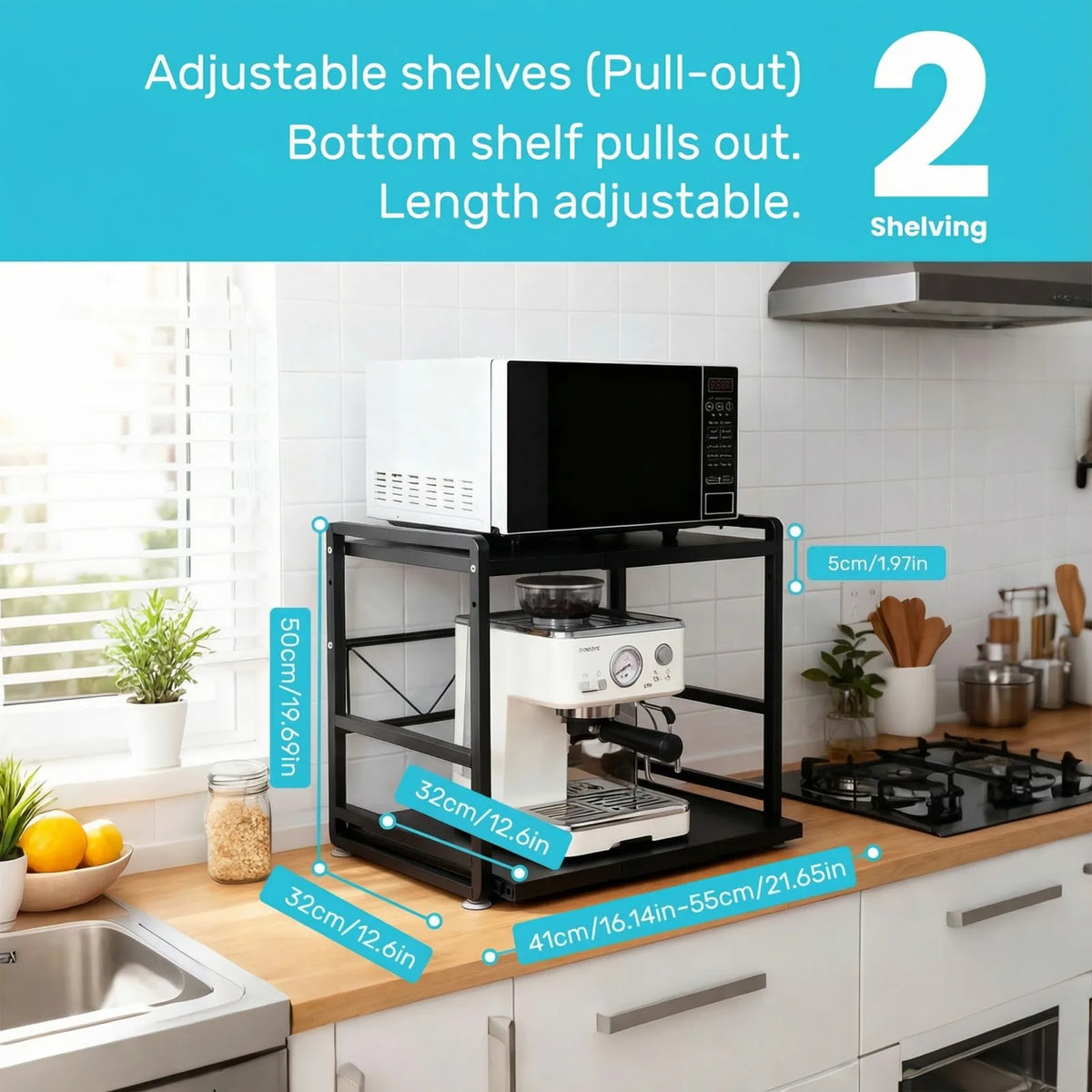 Expandable 2-Tier Microwave Rack Shelf with Hooks & Suction Cups Kitchen Shelf Rack SWANS