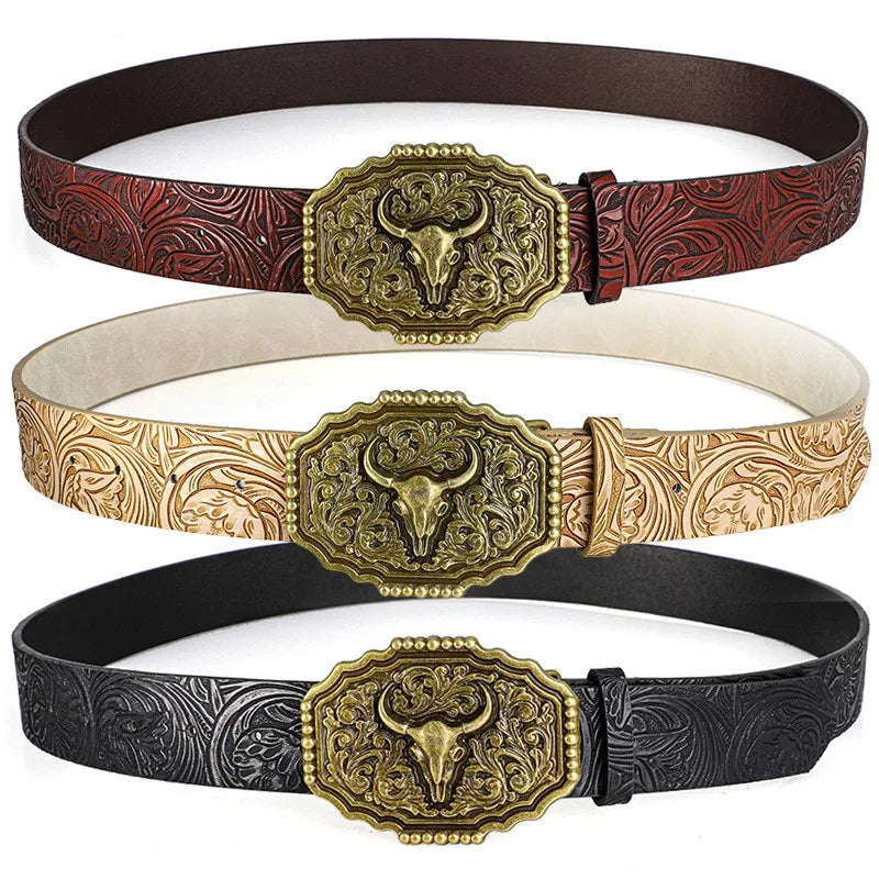 Western Cowboy Vintage Belt – Ox Head Buckle & Bohemian Print Western Fashion Belt SWANS