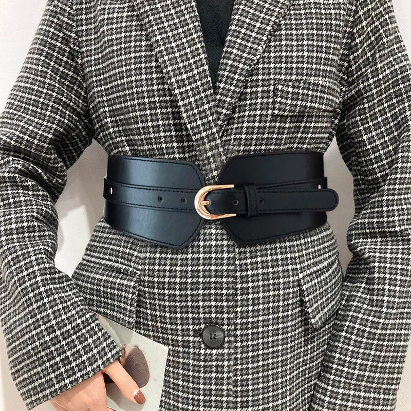 Women's Wide Elastic Belt – Black PU Leather Gold Buckle Wide Waist Belt SWANS 75x6cm black Adjustable