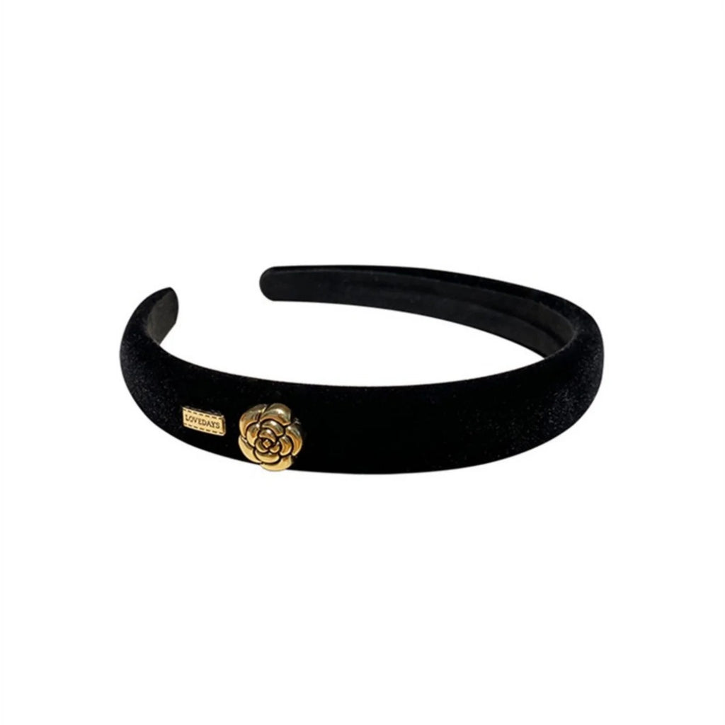 Black Velvet Headband Gold Rose Detail – Women's Hair Accessory Velvet Hair Headband SWANS