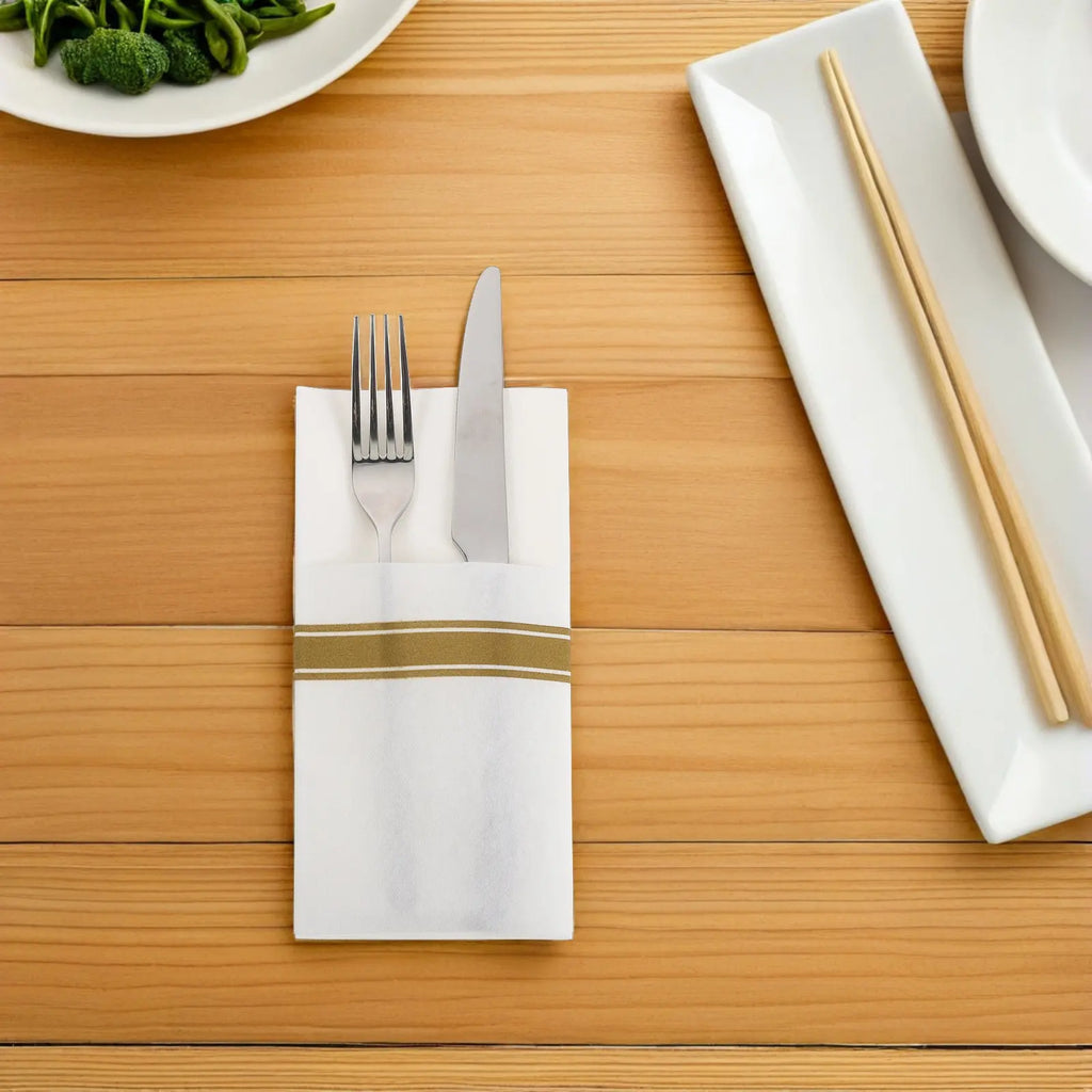 50-Pack Gold Trim Prefolded Disposable Dinner Napkins with Pocket Disposable Dinner Napkins SWANS