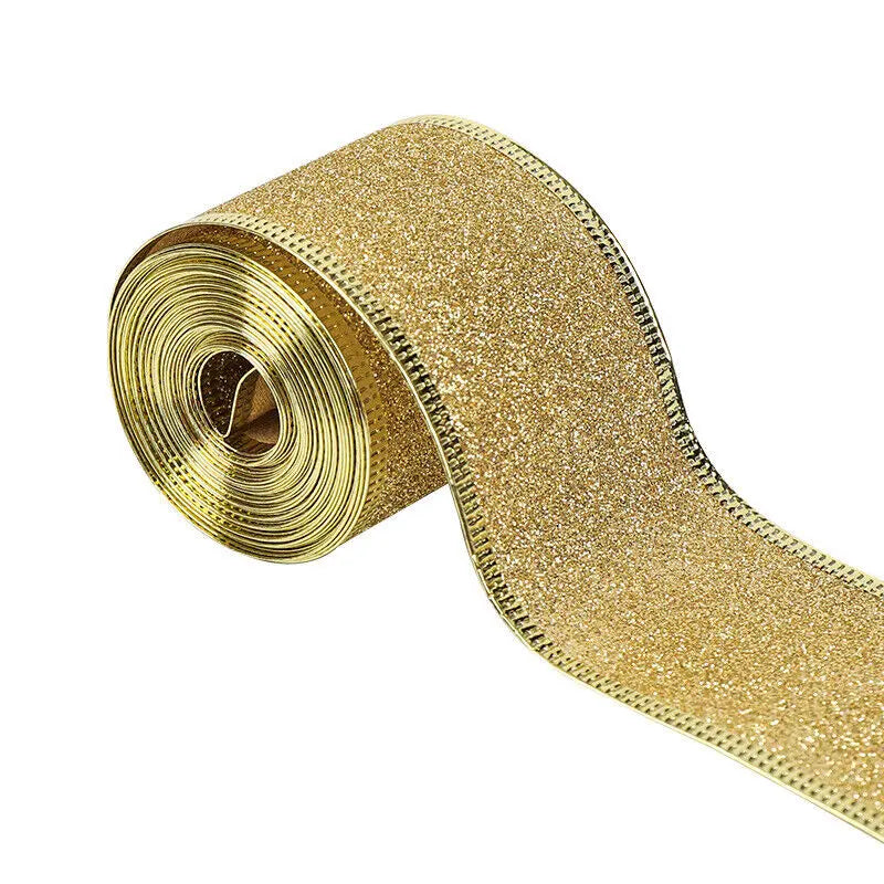 Wired Edge Glitter Ribbon 10 Yards – Christmas Craft Decoration Craft Ribbon SWANS Gold