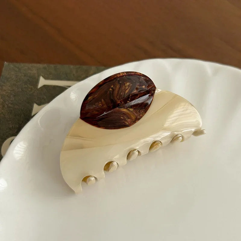 Vintage French Hair Clip – Two-Tone Marbled Acetate Barrette Hair Clip Barrette SWANS wood grain
