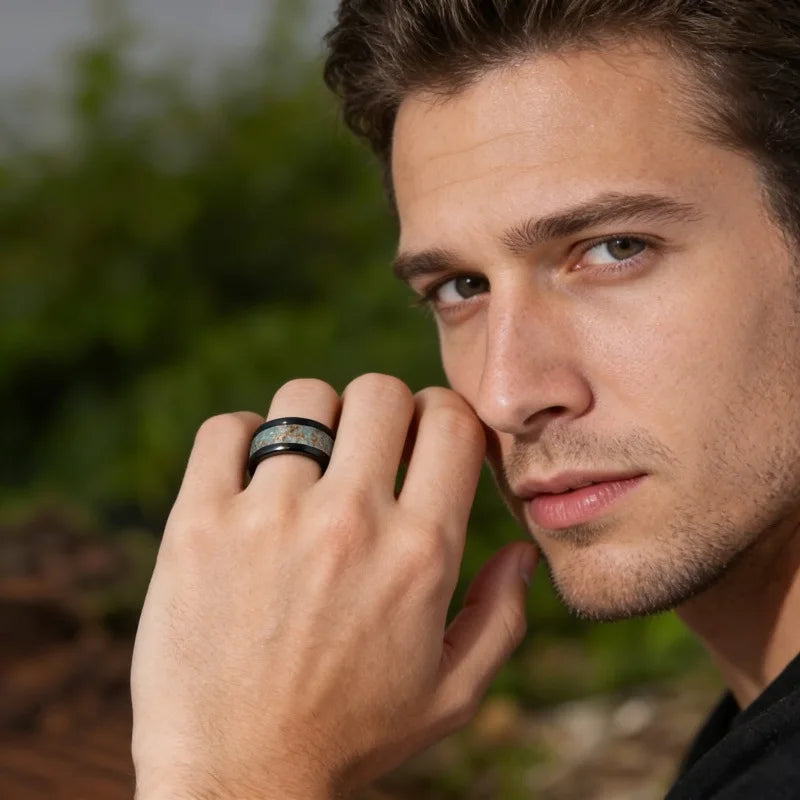 Men's Black Stainless Steel Ring – Gold Foil Inlay Wedding Band Men's Fashion Ring SWANS
