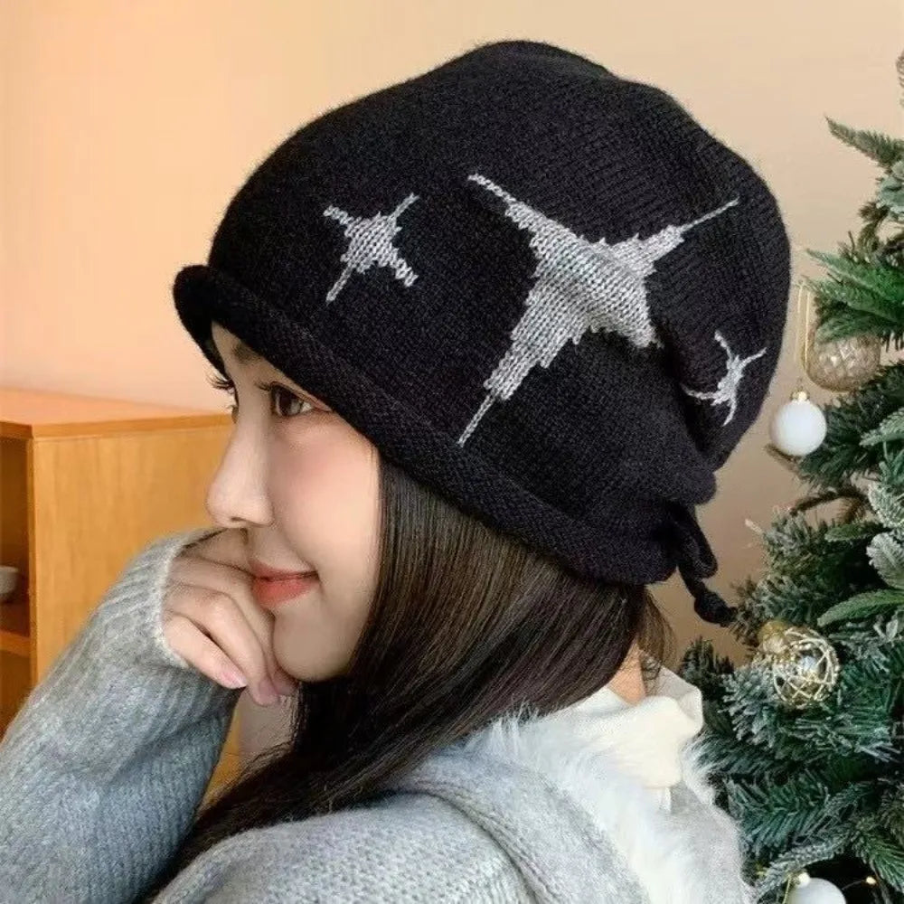 Women's Star Pattern Knit Beanie – Windproof Drawstring Winter Hat Knitted Winter Beanie SWANS