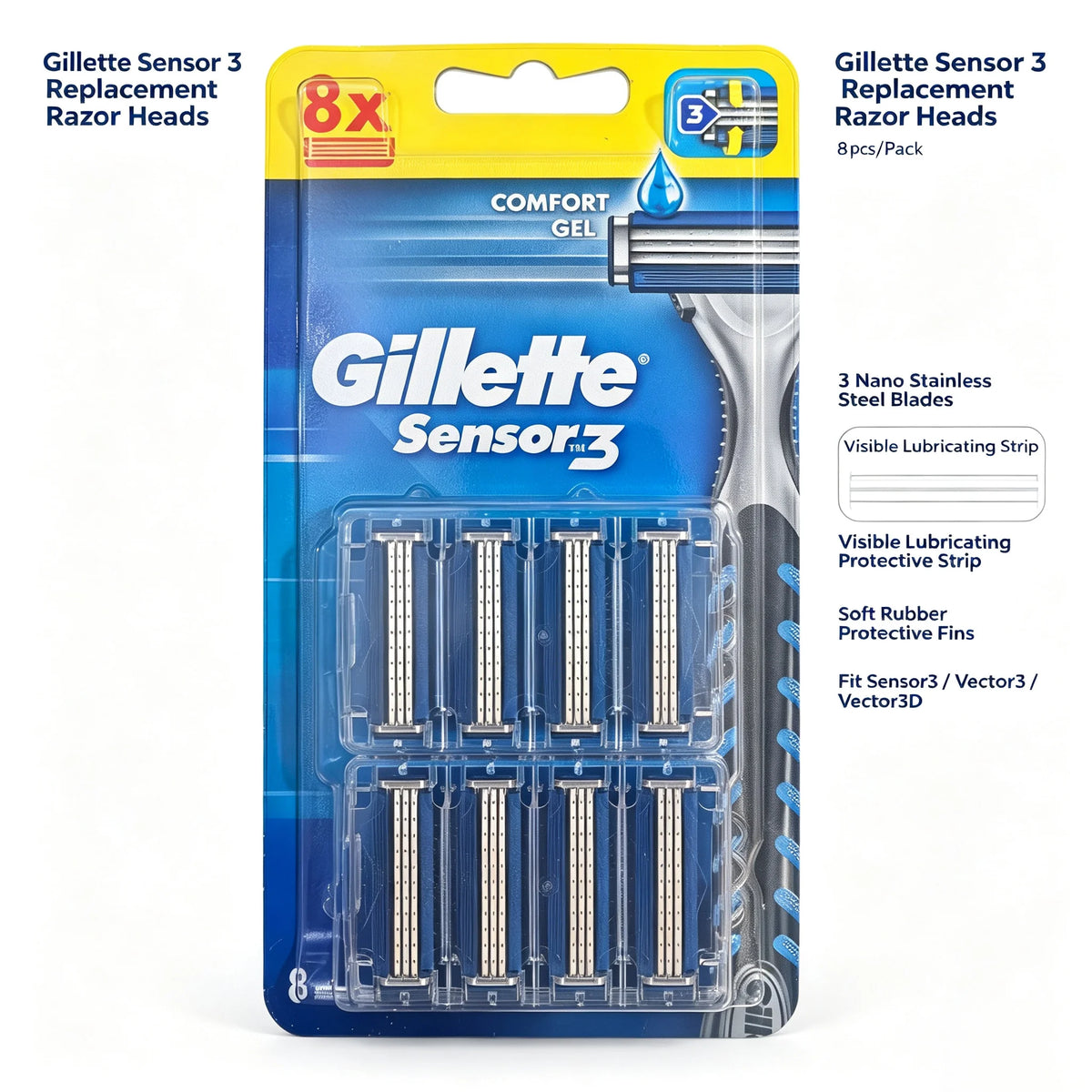 Gillette Sensor 3 Replacement Razor Heads 8-Pack | 3-Layer Blades Replacement Razor Cartridges SWANS