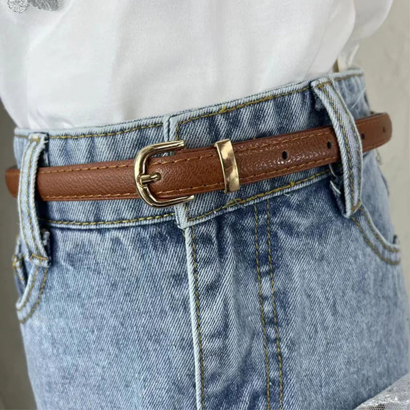 Women's Thin PU Leather Metal Belt – Korean Fashion Waistband Fashion Belt SWANS 105x1.4cm coffee Adjustable