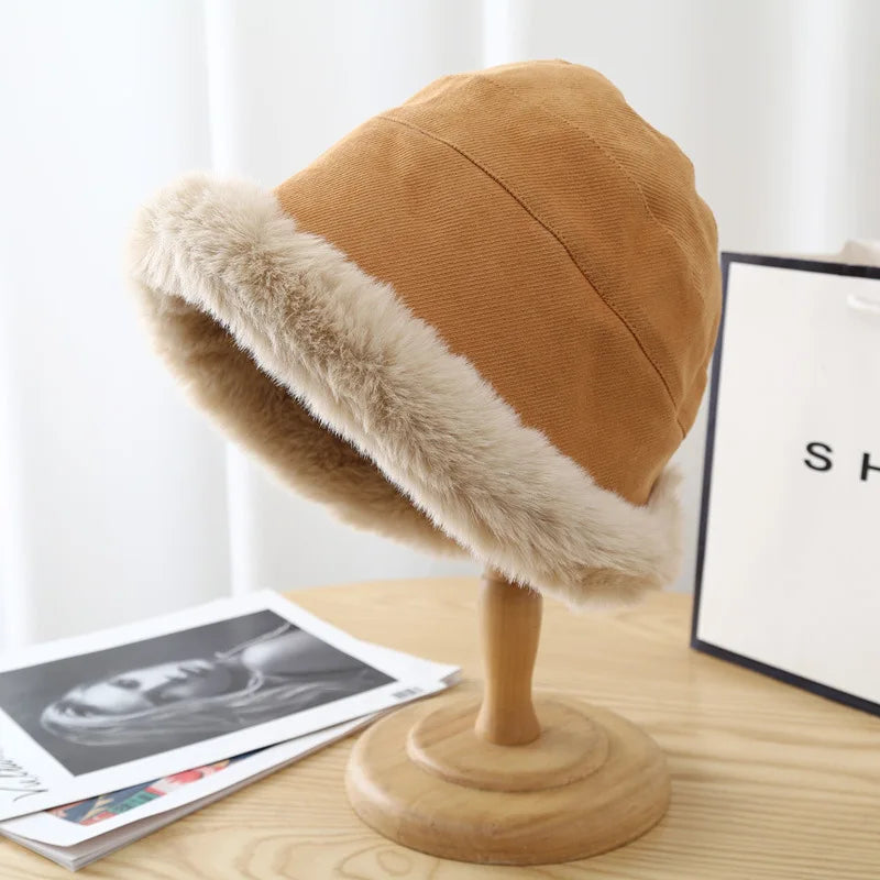 Women's Winter Plush Faux Fur Bucket Hat – Warm Fisherman Cap Winter Bucket Hat SWANS B Style yellow one size
