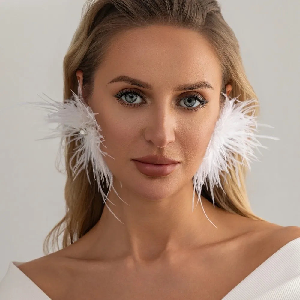 Multicolor Feather Dangle Earrings with Rhinestone Geometric Dangle Earrings SWANS White