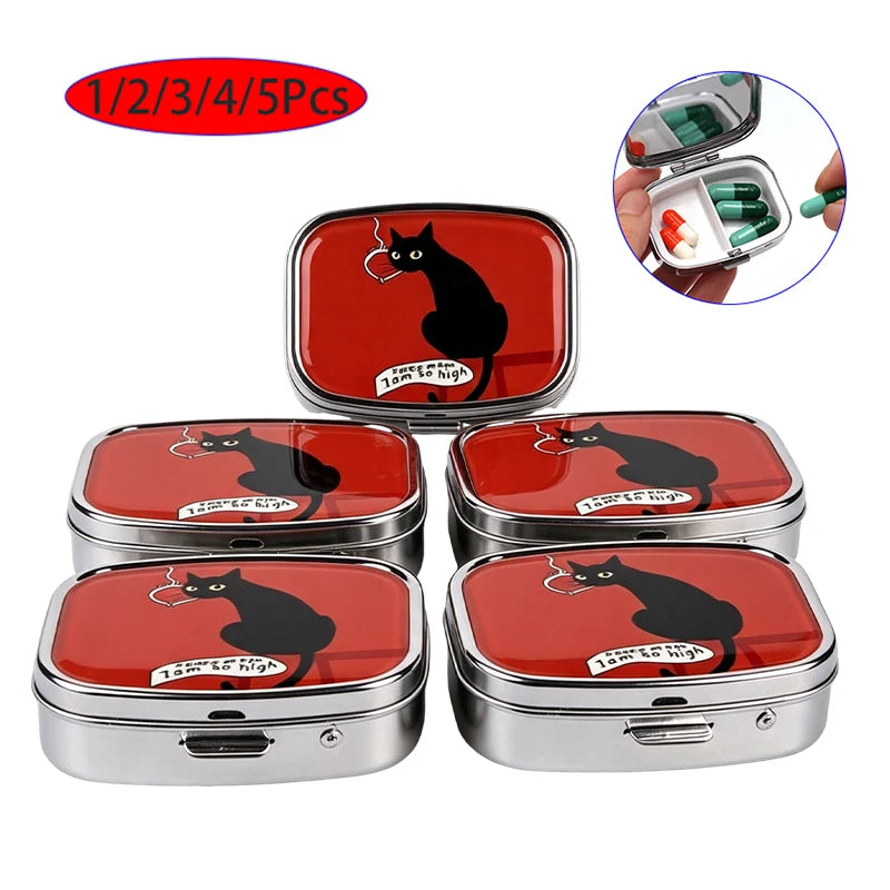 Funny Black Cat Metal Pill Box – 2-Grid Mini Travel Organizer Mini Pill Organizer SWANS