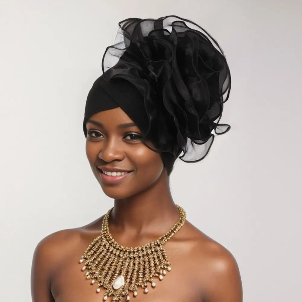 Large Flower Turban Cap – African Head Wrap Beanie Women Turban Beanie Cap SWANS black