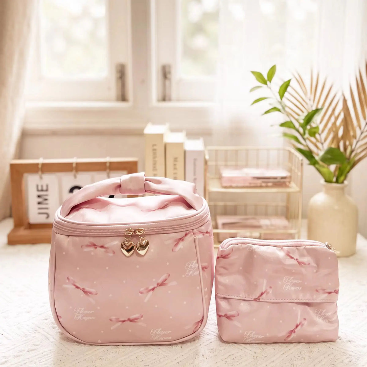 Flower Knows Pink Print Genuine Leather Cosmetic Tote Bag Cosmetic Tote Bag SWANS