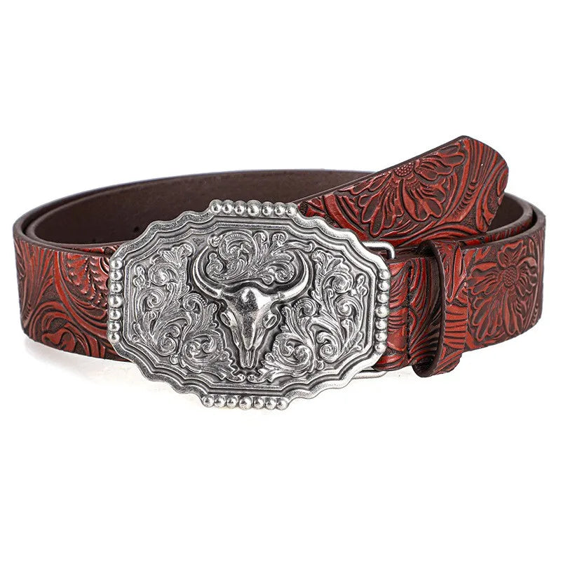 Western Cowboy Vintage Belt – Ox Head Buckle & Bohemian Print Western Fashion Belt SWANS