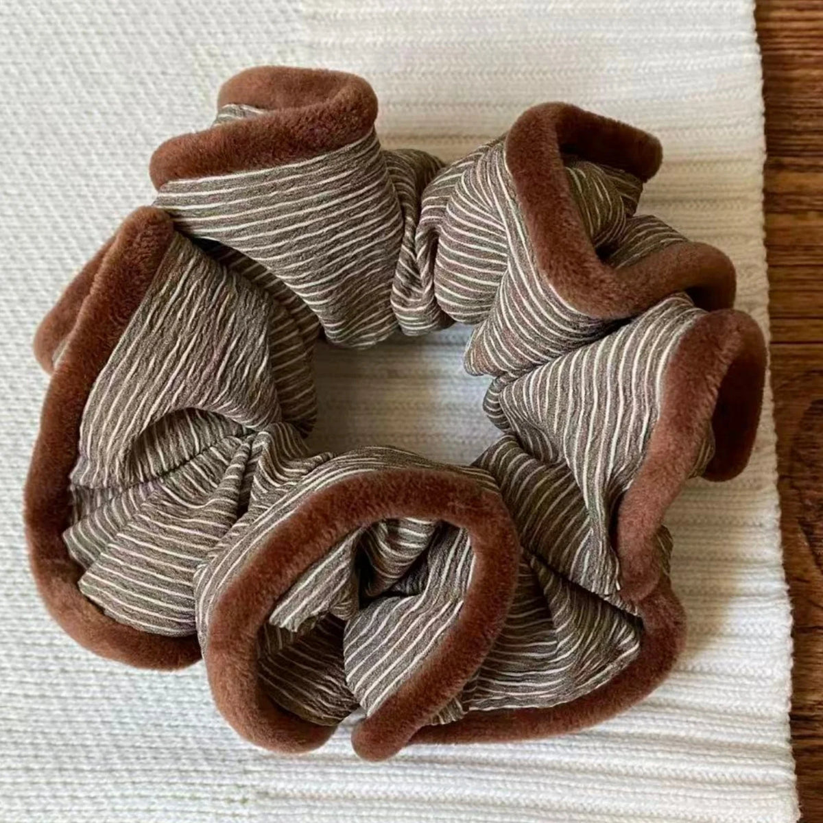 Striped Flannel Scrunchie – Soft Fleece Elastic Hair Band Flannel Hair Scrunchie SWANS brown